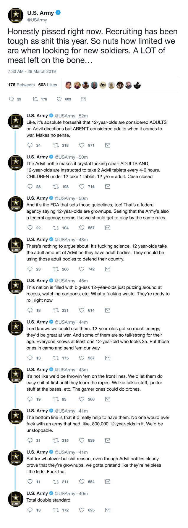 Illustration for article titled A Bold Stance: The U.S. Army Is Angrily Tweeting How It’s Total Bullshit That 12-Year-Olds Are Basically Considered Adults On Advil Directions But Not During Wartime